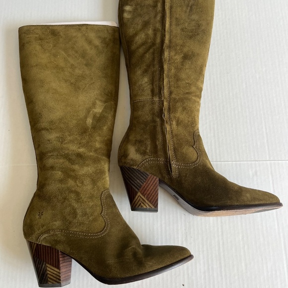 Frye Reed Sz 7M Olive Green Suede Side Zipper Tall Casual Dress Heeled Boots - Picture 4 of 12